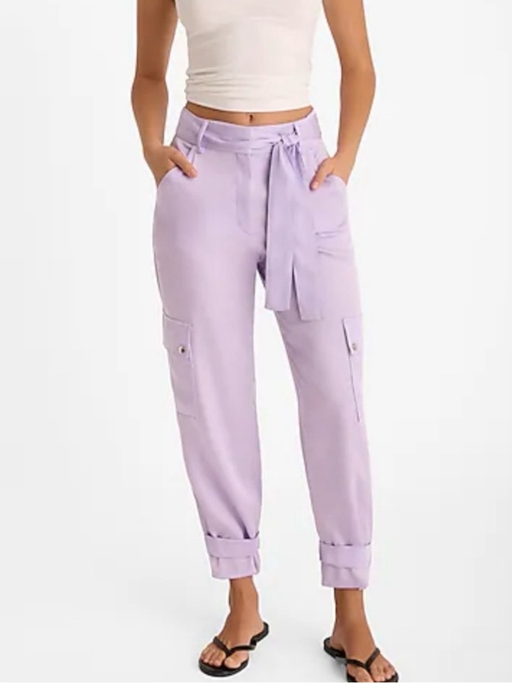 NWT Express High-Rise Lavender Cargo Jogger Pants with Self-Tie Belt